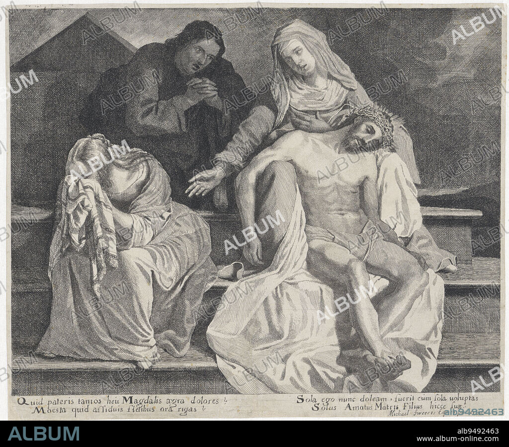 The dead body of Christ rests in the womb of Mary, on the steps of the tomb. Beside her the weeping Mary Magdalene and behind her John in praying position. Beneath the image four lines of verse in Latin, Lamentation of Christ Mary by the Corpse of Christ, print maker: Michael Sweerts, (mentioned on object), after: Michael Sweerts, (mentioned on object), 1643 - 1661, paper, etching, engraving, h 287 mm × w 346 mm.