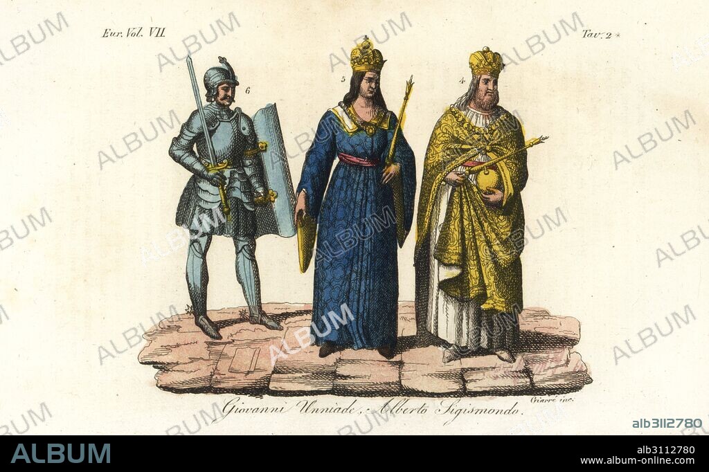 Kings of Hungary: Holy Roman Emperor Sigismund of Luxemburg 4, Albert the Magnanimous 5, and John Hunyadi 6. Handcoloured copperplate engraving by Giarre from Giulio Ferrario's Costumes Ancient and Modern of the Peoples of the World, Florence, 1847.
