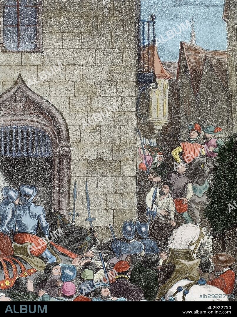 Alterations of Aragon. Mutiny of Zaragoza, 1591. Engraving by Historia de Espana. 19th century. Colored.