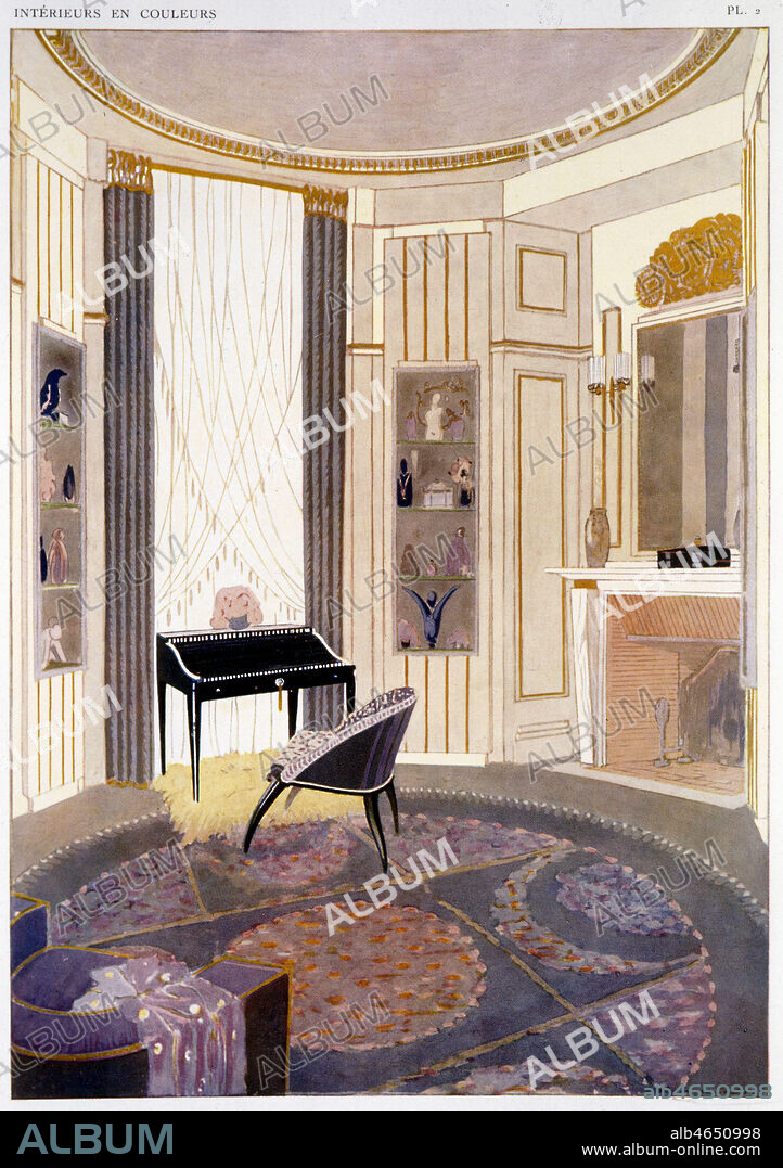 Boudoir par Jacques Emile Ruhlmann. Exposition des Arts Decoratifs a Paris en 1925, 'Interieurs en couleur' Edition Albert Levy, Credit Collection Kharbine Tapabor.