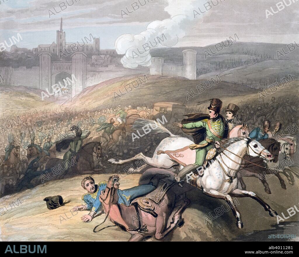 Battle of Vitoria, Spain, 21st June 1813 (1819). The victory for Wellington and his Spanish and Portuguese allies at Vitoria was decisive in bringing about the defeat of the French in the Peninsular War. King Joseph Bonaparte narrowly escaped capture, but his rule in Spain collapsed. From The Victories of the Duke of Wellington, 1819.