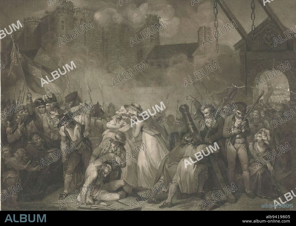 Storming of the Bastille, July 14, 1789, Storming of the Bastille, July 14, 1789. In the foreground the assembled people ready to storm the prison. From the Bastille, soldiers fire on the crowd., print maker: William Nutter, after painting by: Henry Singleton, England, 1792, paper, engraving, height 430 mm × width 590 mm.