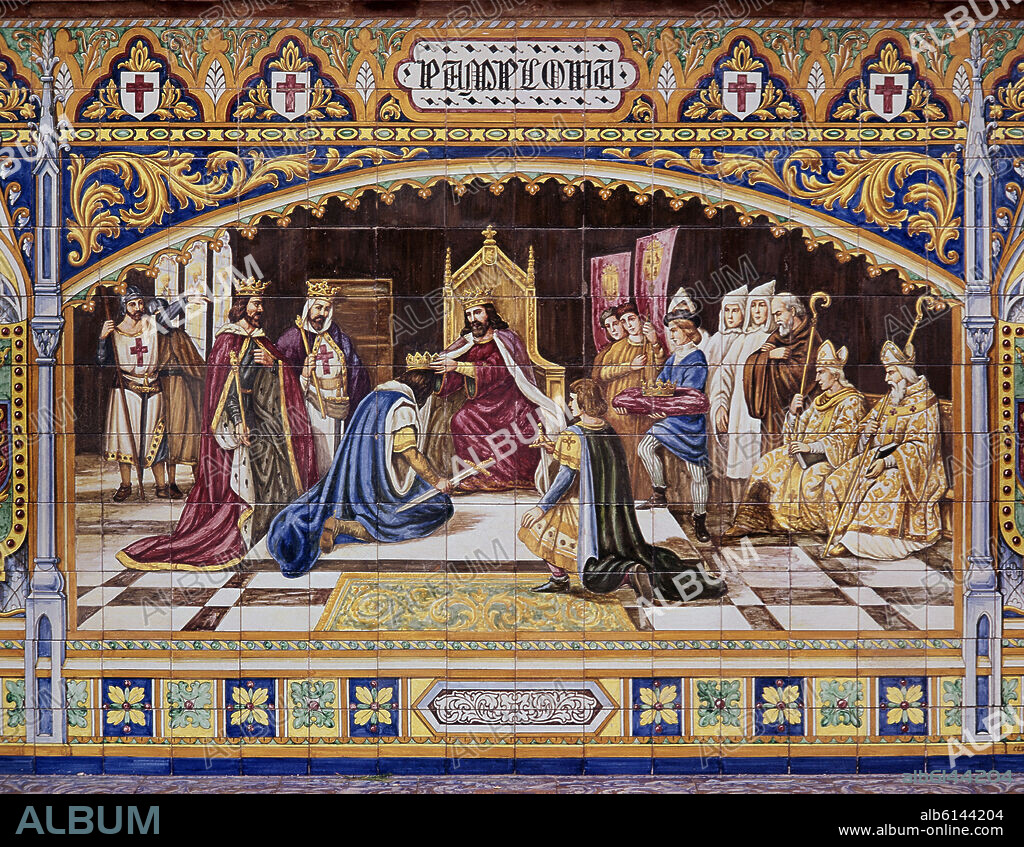 CORONACION DEL REY TEOBALDO I DE NAVARRA - REPRESENTACION DE PAMPLONA EN MOSAICO - AZULEJOS DE LA PLAZA DE ESPAÑA - SIGLO XX.