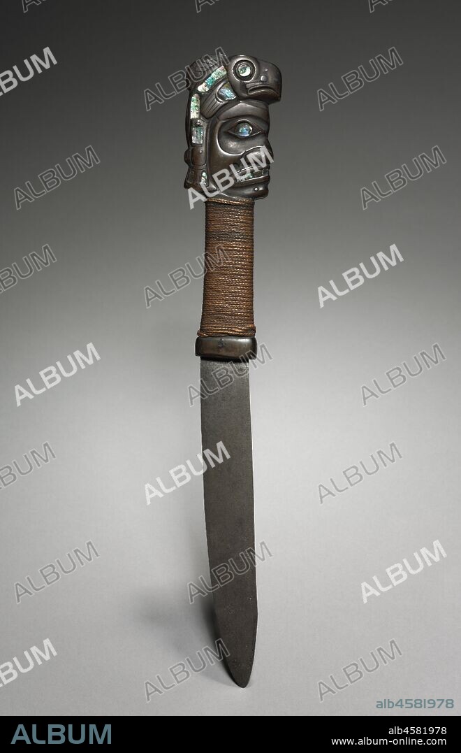 Fighting Knife, late 1800s-early 1900s. After Europeans introduced firearms, the native dagger gradually transformed from a weapon into a status symbol worn in a sheath that hung around the neck. That is probably the case with these daggers which have elaborately carved hilts. One depicts a grotesque head surmounted by a fish, perhaps a salmon, and the other shows a bear's head over a supine human.