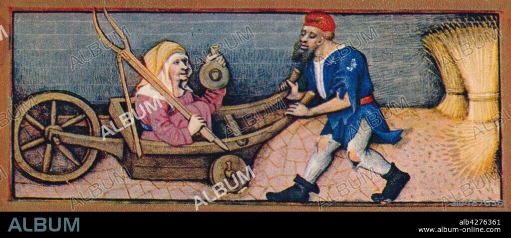 August - old woman in wheelbarrow, 15th century, (1939). A peasant with ragged hose pushes a wheelbarrow in which sits a drunken old woman holding a bottle, a fork and a flail for threshing grain. On the right are sheaves of wheat. Detail of a page from the "Heures de Charles d'Angoulême", a book of hours commissioned by Charles of Orléans (1459-1496), with miniatures mostly painted by Robinet Testard, and now in the Bibliothèque nationale de France in Paris. Published in "Verve - No. 8, Vol. II". [Verve, France, 1939].