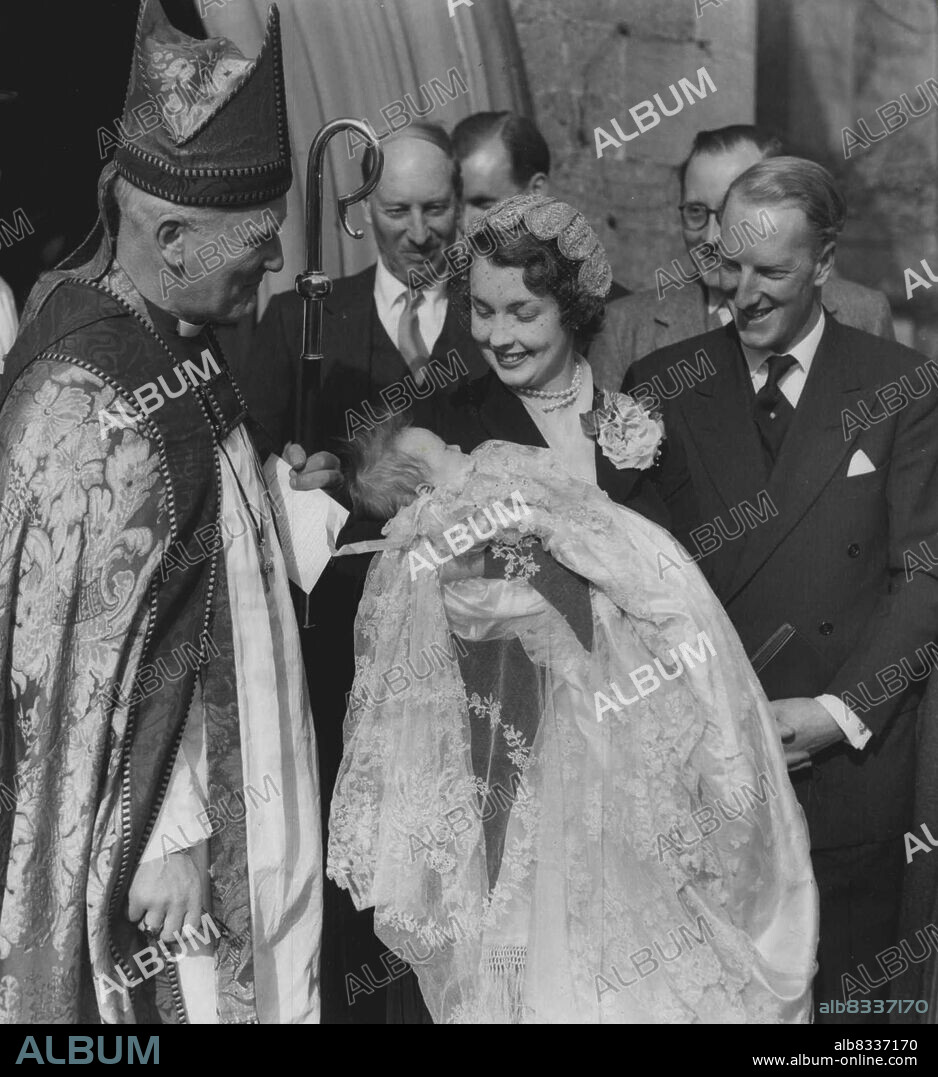 Dalkeith Heir Christened. Photo shows: The Earl and Countess of Dalkeith with their young son after the Christening ceremony. Admiring the young Lord Eskdail is the Bishop of Edinburgh, Dr. Kenneth Warner. Lord Eskadail, baby son of the Earl and Countess of Dalkeith of Eildon Hall, Melrose, Scotland, was Christened yesterday at Holy Trinity Church, Melrose, by the Bishop of Edinburgh, the Rt. Rev. Kenneth warner. The Baby was given the names, Richard, Walter John. Princess Margaret, the baby's godmother, was nable to attend and the countess of Dalkeith *****. April 8, 1954. (Photo by Paul Popper, Paul Popper Ltd).