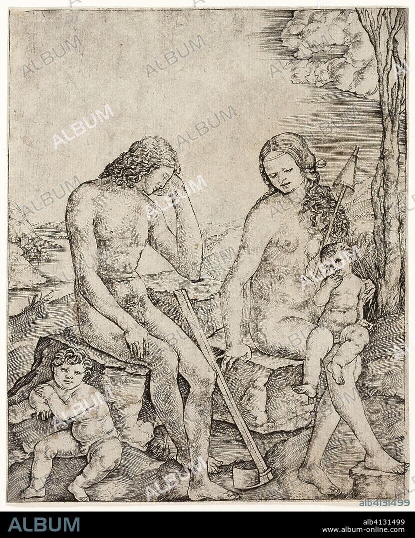 Adam and Eve with Infants Cain and Abel. Cristofano Robetta; Italian, 1462-c.1535. Date: 1495-1515. Dimensions: 169 × 137 mm (image); 170 × 140 mm (sheet). Engraving on paper. Origin: Italy.