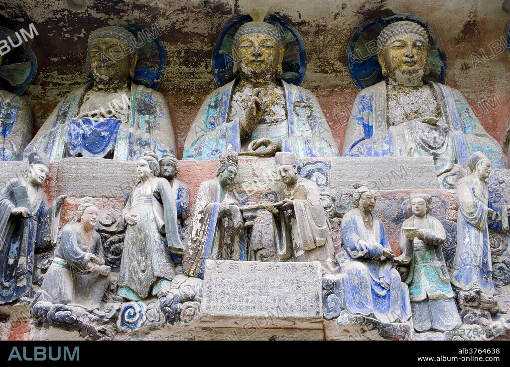Dazu rock carvings buddhas and religious scene at Mount Baoding, Chongqing, China.