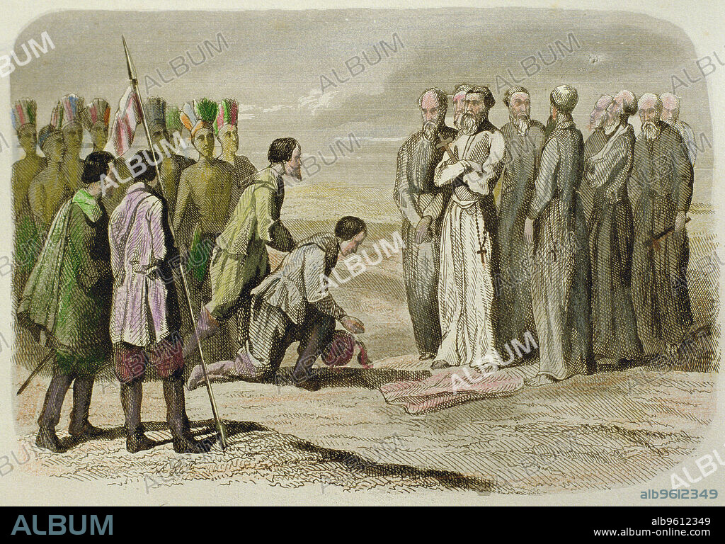The Franciscan missionary Fray Martin de Valencia is received at the entrance of the city of Mexico by Hernan Cortes, his captains and Aztec chiefs the May 13, 1524.