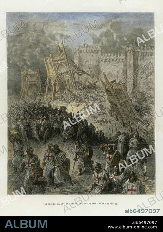 Erster Kreuzzug 1096-99 / Eroberung von Jerusalem durch die Kreuzfahrer unter Gottfried von Bouillon, 15.Juli 1099.-"Deuxième assaut de Jérusalem (...)".-(Zweiter Angriff der Kreuzfahrer auf die Stadt: sie werden zurückgedrängt). Holzstich nach G.Doré. Aus: J. Michaud, Histoire des croisades, Paris, 1877, Bd. 1, Taf. nach S.114. Spätere Kolorierung.