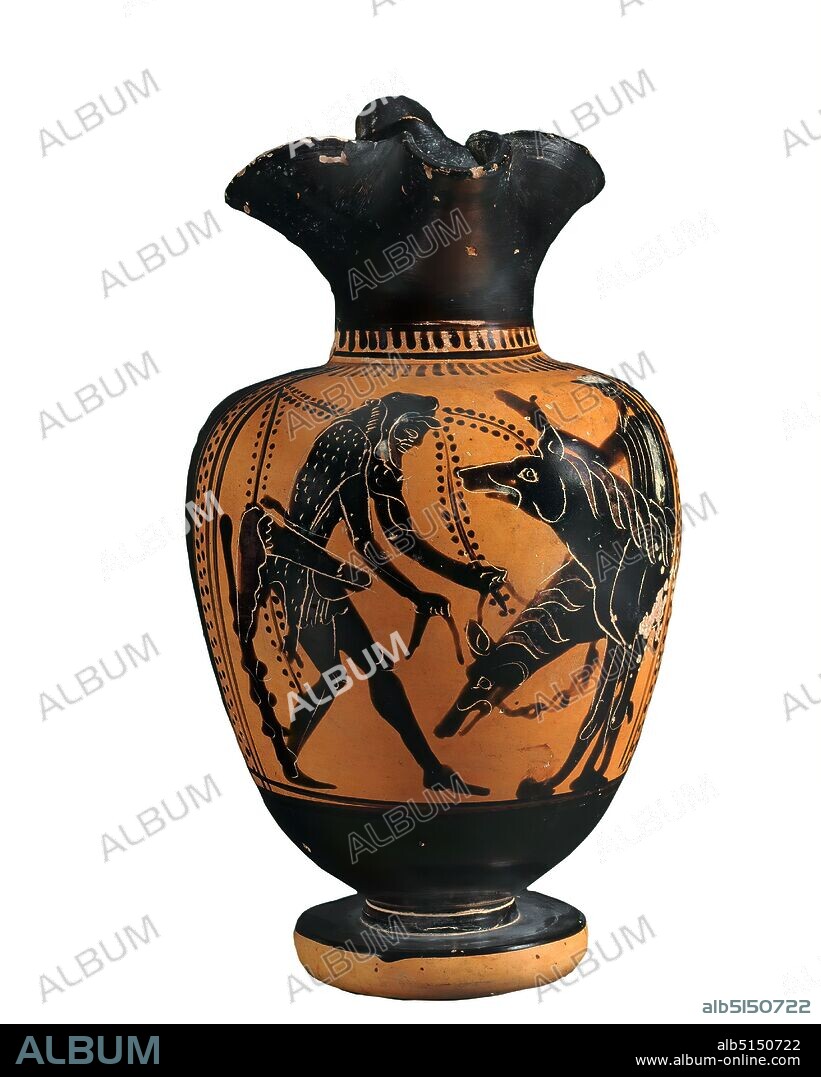 Athena painter, Oinochoe (Heracles and Kerberos), clay, quickly turned, painted (ceramic), alternately fired, clay, turned and painted, Total: Height: 18.9 cm; Diameter: 11 cm, ceramic, Cerberus is captured by Hercules, late archaic, The Oinochoe is decorated with the depiction of one of the twelve legendary deeds of the Greek hero Heracles. On the left, the hero is depicted, recognizable by his lion skin, quiver and mace. He is about to tie up the two-headed Kerberos, guardian of the entrance to the underworld. Behind the Hell Hound is the messenger of the gods Hermes, dressed in chiton and winged hat.