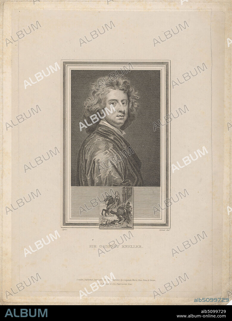 Sir Godfrey Kneller, Print made by John Corner, 17881825, after Sir Godfrey Kneller, 16461723, German, active in Britain (from 1676), Published by Longman, Hurst, Rees, Orme & Brown, active 18041914, British, and Baynes & Son, active ca. 18211826, British, 1821, Line engraving and etching on moderately thick, slightly textured, cream wove paper with cream chine collé, Sheet: 10 7/8 x 8 1/4 inches (27.6 x 20.9 cm), Plate: 10 1/2 x 7 15/16 inches (26.7 x 20.2 cm), Sheet: 10 1/16 x 7 3/8 inches (25.5 x 18.8 cm), and Image: 5 7/8 x 3 7/8 inches (14.9 x 9.8 cm), armor, artist, cloak, costume, curls, horse (animal), landscape, men, nobility, portrait.