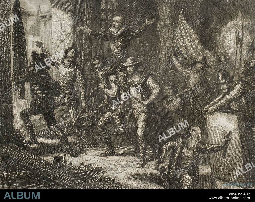 JOAQUÍN FURNÓ I ABAD (1832-1918). SPANISH ENGRAVER.. Pablo IV (Paulo IV) (Giovanni Pietro Caraffa) (1476-1559). Papa de la Iglesia Católica (23 de mayo de 1555 a 18 de agosto de 1559). Su pontificado se centró en combatir la herejía e impedir su difusión en los territorios de la península italiana. Para ello se valió de la Inquisición romana y de la censura de libros. El mismo día de su muerte el pueblo romano acudió al Palacio del Santo Oficio, derribando las puertas, liberando a los presos de los calabozos y quemando el edificio. Una de las víctimas de la Inquisición de Roma, liberada por el pueblo, fue el célebre Juan Paleólogo, heresiarca griego. En Italia estudió teología, habiendo tenido trato frecuente con los principales protestantes de la época, adoptando las opiniones de Lutero y predicándolas públicamente. La revolución estalló en Roma. El pueblo destruyó las estatuas de Pablo IV, arrastrándolas por las calles durante días y arrojándola después al Tíber. Destrucción de la Inquisición de Roma. Gabado por J. Furnó. Historia de las persecuciones políticas y religiosas en Europa. Tomo III. Editado en Barcelona, 1864.