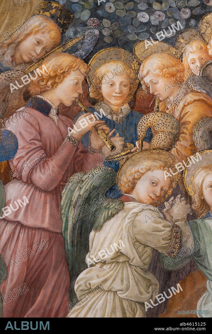 Spoleto, the Duomo (Cathedral of S. Maria Assunta), presbytery, apse bowl-shaped vault: "Coronation of Mary", fresco by Filippo Lippi, helped by Fra' Diamante and Pier Matteo d'Amelia, 1468-9. Detail with angels.