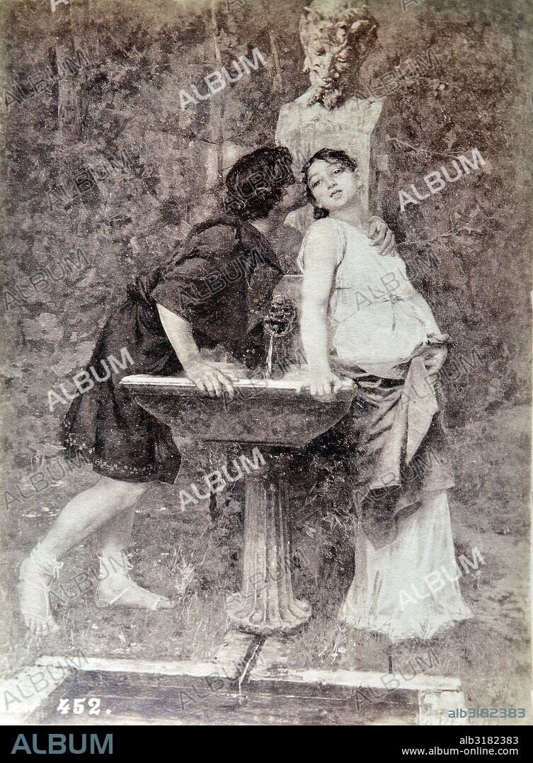 [Pompeya, pintura mural. Beso de una pareja junto a una fuente].