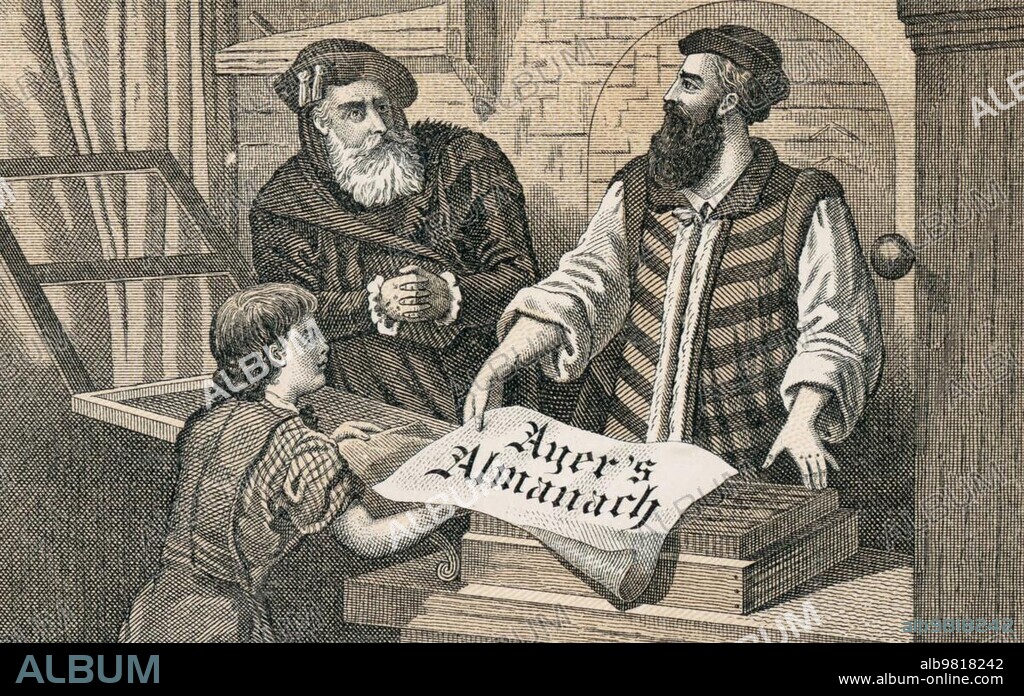 Ayer's Almanac, the invention of letterpress printing, Ayer was a well-known manufacturer of patent medicines in Lowell, Massachusetts from the mid-nineteenth century. Ayer's American Almanac was published in Lowell from about 1856 to 1923, Historic, digitally restored reproduction from an original of the period