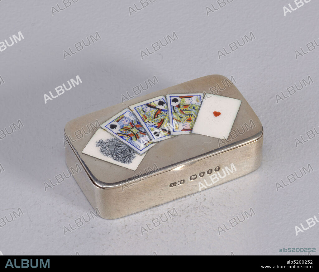 Playing Cards, Cornelius Saunders & Frank Shepherd, Silver, enamel, Oblong, with curved corners, snuff box type container featuring polychrome decoration of a fanned hand of playing cards: from left, first card is ace of spades in black and white enamel, followed by king of spades, queen of spades, jack of spades, all in red, blue, yellow, black, white enamel, ace of hearts in red and white enamel. Underside of box features elaborate monogram (AE). Lid hinged on back panel. Striker on right panel., 188586, containers, Decorative Arts, Matchsafe, Matchsafe.