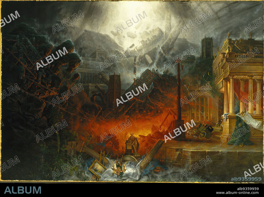 The Edge of Doom, Samuel Colman, British, 1780-1845, Oil on canvas, England, 1836-1838, 54 x 78 1/2 in., 137.2 x 199.4 cm, 19th Century, 19thC, apocalypse, Apocolyptic, canvas, capitals, carriage, city, columns, dark romanticism, destruction, Doom, Dramatic, easel, edge of doom, end time, European, fire, Götterdämmerung, havoc, inferno, light, oil, oil on canvas, painting, Rapture, Romanticist, ruin, Shakespeare, The Tempest, Veille d'apocalypse, worst case scenario.