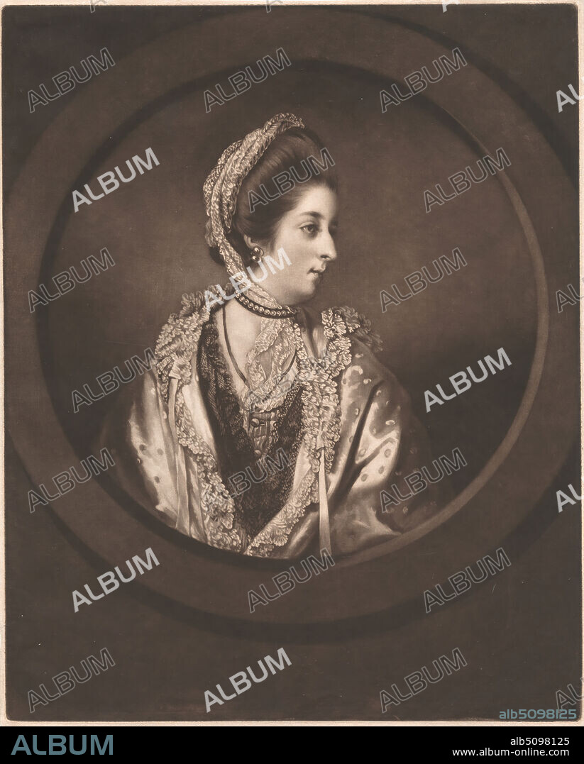 Lady Almeria Carpenter, Print made by James Watson, 17401790, British, after Sir Joshua Reynolds RA, 17231792, British, ca. 1768, Mezzotint (first state) on medium, moderately textured, cream, laid paper, Sheet: 13 15/16 × 11 1/4 inches (35.4 × 28.6 cm) and Image: 13 11/16 × 11 inches (34.8 × 27.9 cm).