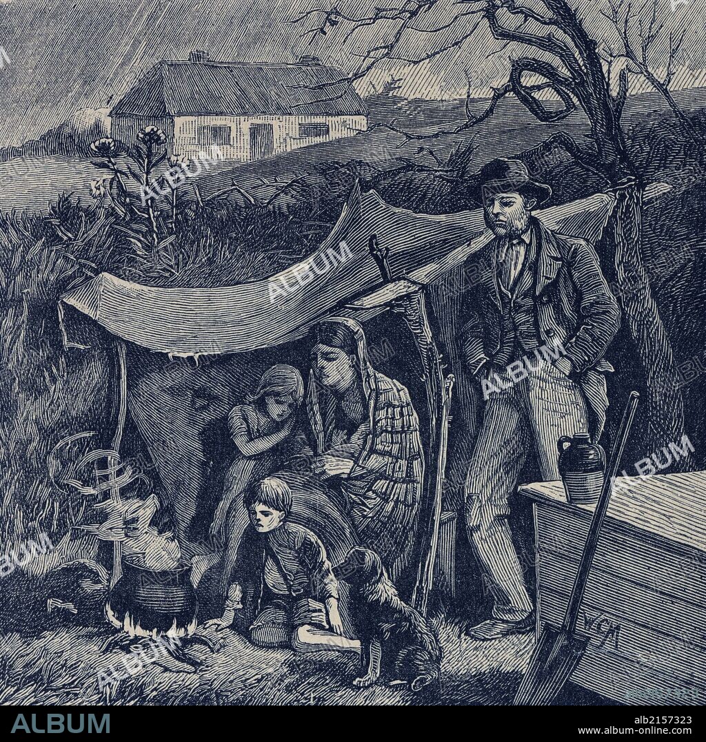 Irish potato famine 1840s. Evicted family. (Photo by: Universal History Archive/UIG via Getty Images).