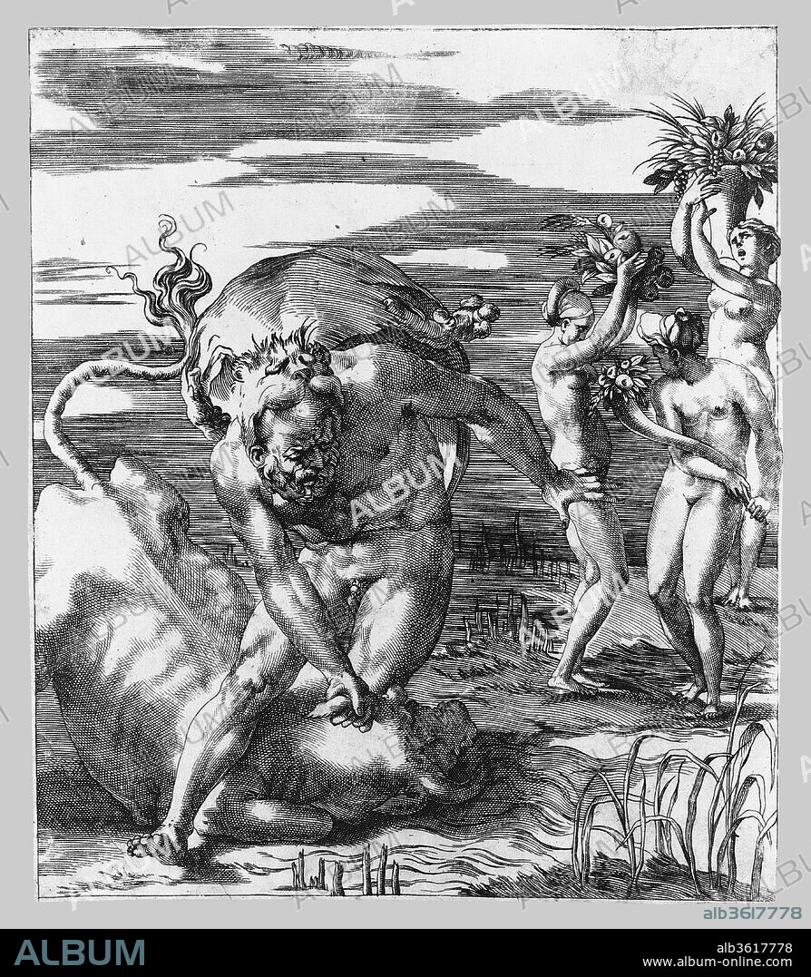 Hercules defeating the river god Acheolus in the form of a bull, with three women to his left holding cornucopias, from a series of six engravings of Herculean Subjects. Artist: Giovanni Jacopo Caraglio (Italian, Parma or Verona ca. 1500/1505-1565 Krakow (?)); After Rosso Fiorentino (Italian, Florence 1494-1540 Fontainebleau). Dimensions: Sheet (trimmed to platemark): 8 3/8 × 6 15/16 in. (21.3 × 17.7 cm). Series/Portfolio: Six engravings of Herculean Subjects. Date: ca. 1526-27.
This engraving is one of a series of the six feats of Hercules commissioned from Rosso and Caraglio by Baviero de' Carocci, who had been Raphael's printing assistant. When the river god Achelous fought with Hercules for the hand of Deianeira, daughter of a king of Calydon, he took refuge in his ability to change form and turned himself into a bull, whereupon Hercules wrestled him to the ground and ripped off one of his horns. Ovid's account of the story (Metamorphoses 9.1-88) concludes with the naiads filling the horn with fruit and flowers to create the first cornucopia, as shown here.
