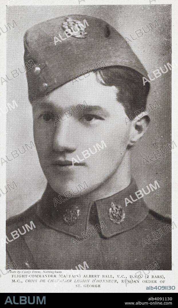 WALTER ALWYN BRISCOE and CECILY DREW. Flight-commander (Captain) Albert Ball.' Albert Ball VC, DSO & Two Bars, MC (14 August 1896 â€“ 7 May 1917) was an English fighter pilot during the First World War. At the time of his death he was, with 44 victories, the United Kingdom's leading flying ace. Captain Ball, V.C.: the career of Flight-Commander Ball, etc. [With plates.]. London : Herbert Jenkins, 1918. Source: 010815.df.14 frontispiece.
