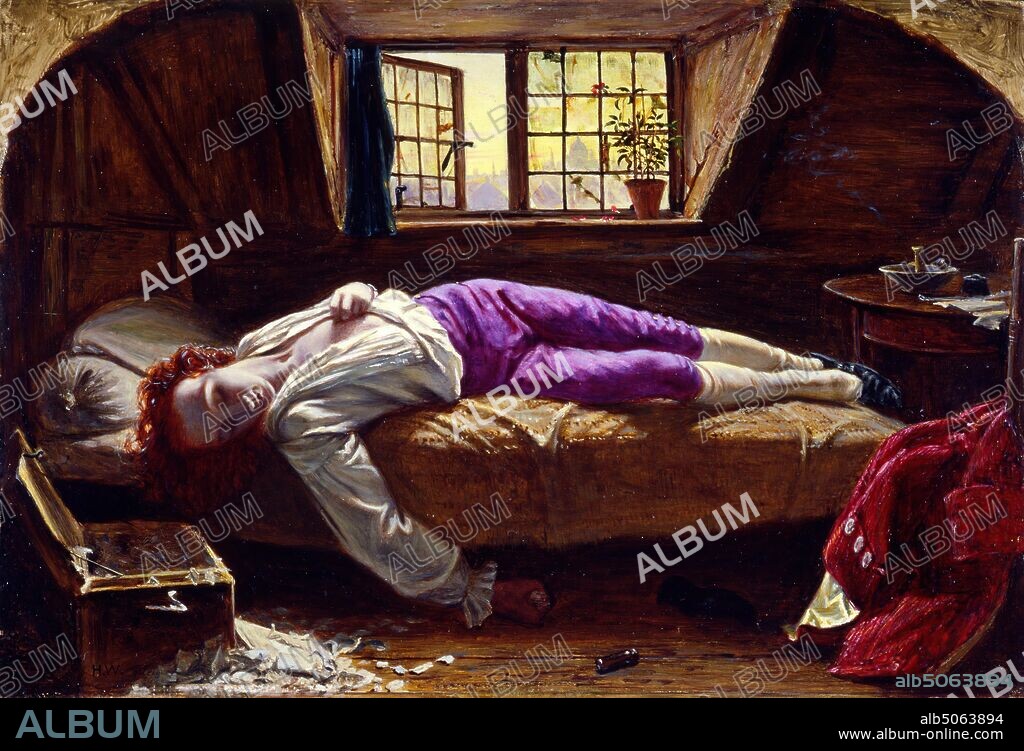 Chatterton (The Death of Chatterton), 1856 Artist: Henry Wallis Thomas Chatterton (1752-1770) was an unsuccessful poet whose suicide became a symbol of blighted artistic genius. Wallis used his friend George Meredith (1828-1909), also a struggling writer, as the model., Pre-Raphaelite.