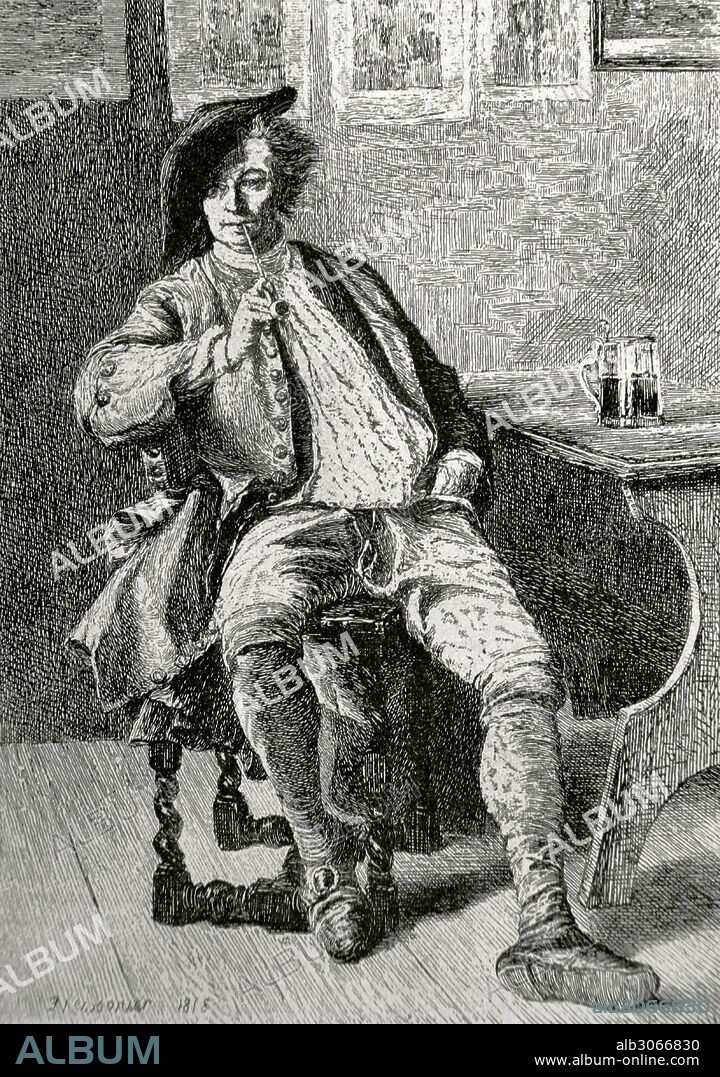 JEAN-LOUIS-ERNST MEISSONIER (1815-1891). Pintor, escultor y academicista francés. Grabado de un cuadro de Meissonier "El fumador". Almanaque de La Ilustración, 1887.