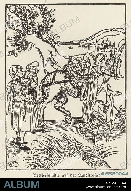 Brant, Sebastian; Dichter und Humanist. um 1457/58 - 1521. Werke: Das Narrenschiff. Bettlerfamilie auf der Landstraße. Holzschnitt, Albrecht Dürer (1471-1528). zugeschrieben. Gedruckt bei Johann Bergmann von Olpe, Basel 1494.