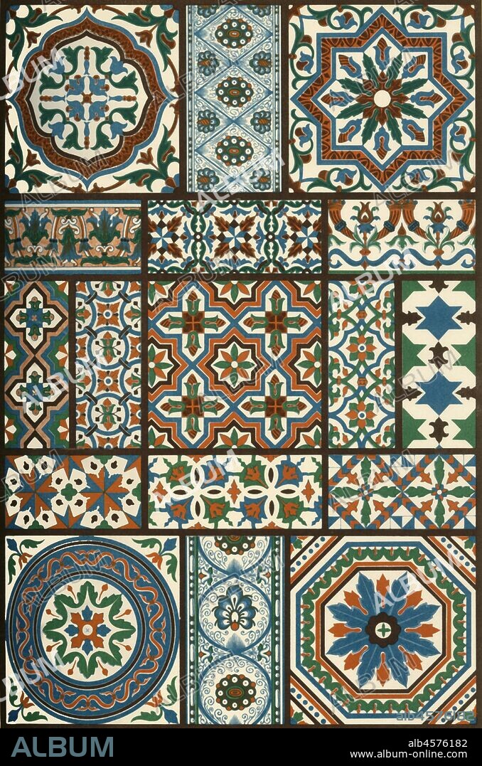 Italian Renaissance polychrome ceramics, (1898). Examples of painted faïence: 'Figs 1, 6, 9, 11, 12, 13, 14 and 15: Wainscot-plates on the staircase-walls of the house Nr. 26 in Via Luccoli at Genoa. Figs 2, 3, 4, 5, 7, 8 and 10: The same in the house Nr. 10 in Via S. Matteo ibid. Figs 16 and 17: Floor-plates from San Petronio at Bologna...In the manufacture of such tile-floors and wainscot-plates, the school of Della Robbia attained special celebrity, wherefore such plate-mosaics are frequently registered under the name of "Robbian ware".'. Plate 46 from "The Historic Styles of Ornament" translated from the German of H. Dolmetsch. [B.T. Batford, London, 1898].