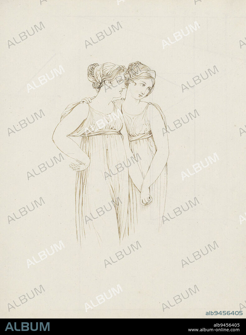 The women both wear a chiton. One woman puts her arm on the shoulder of the other. Imagination of friendship. Sheet 14 recto from a sketchbook with 94 sheets, Two women holding each other's hand, after a classic example., draughtsman: jonkvrouw Elisabeth Kemper, 1816 - 1852, paper, pen.