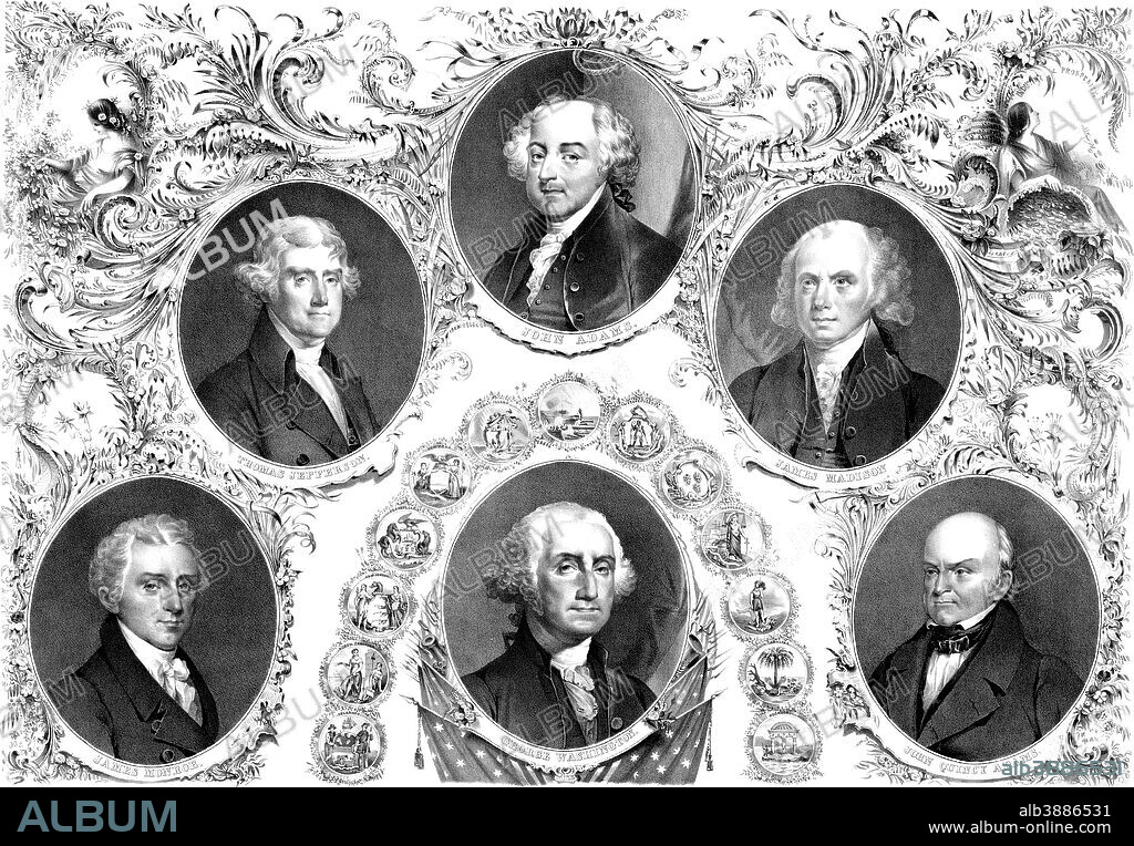 Vintage American history print showing the first six Presidents of The United States of America. It features George Washington, John Adams, Thomas Jefferson, James Madison, James Monroe, and John Quincy Adams.