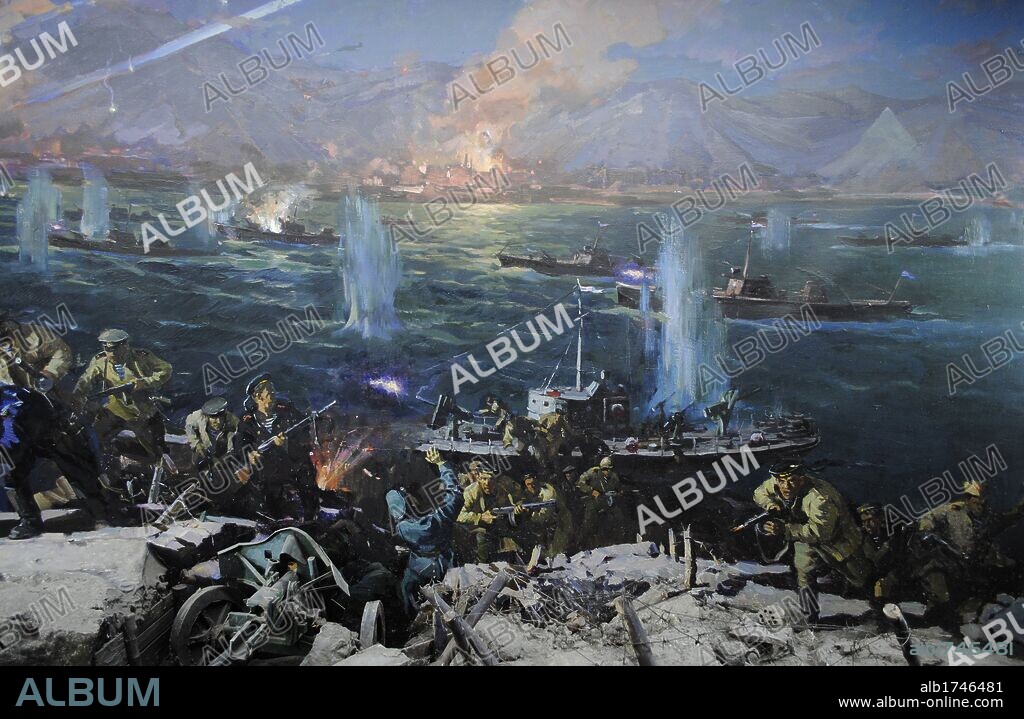 SEGUNDA GUERRA MUNDIAL. Batalla del Cáucaso. Operación Novorosíisk-Taman, capitaneada por el Jefe del Estado Mayor Ivan Petrov en 1943. Operación de desembarque del Ejército Rojo en la Península de Taman y en la liberación y victoria de la ciudad costera rusa del Mar Negro, Novorosíisk. Cuadro. Museo de la Flota del Mar Negro. Sebastopol. Ucrania.