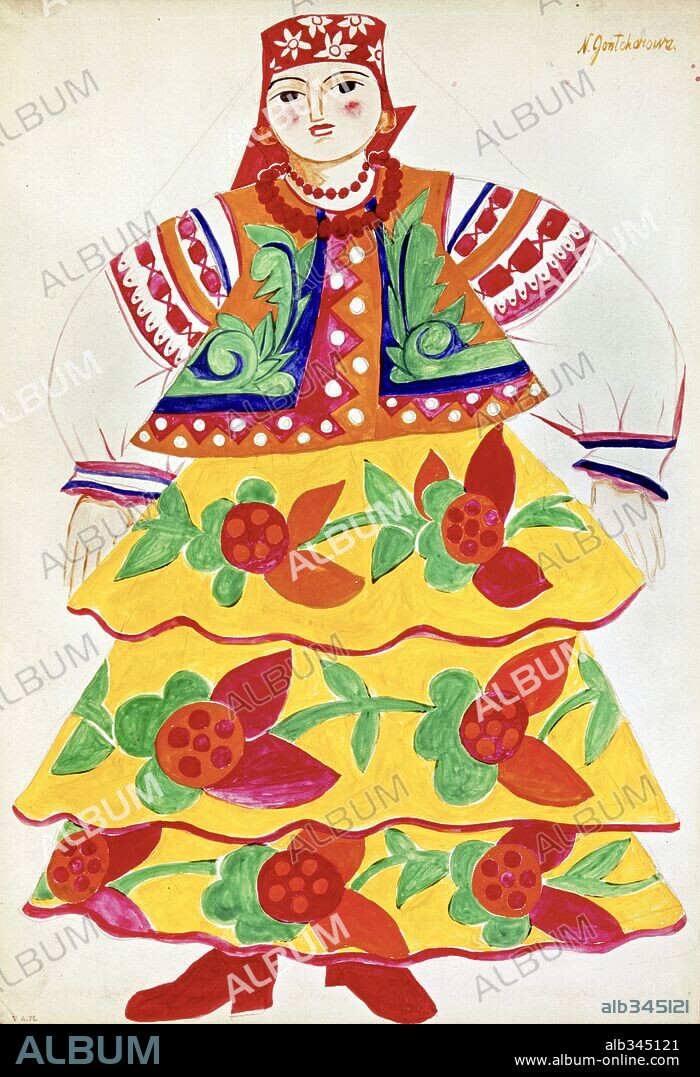 NATALIA GONCHAROVA. Russian woman´s costume in Le Coq d´or 1914 production of opera by Rimsky Korsakov.