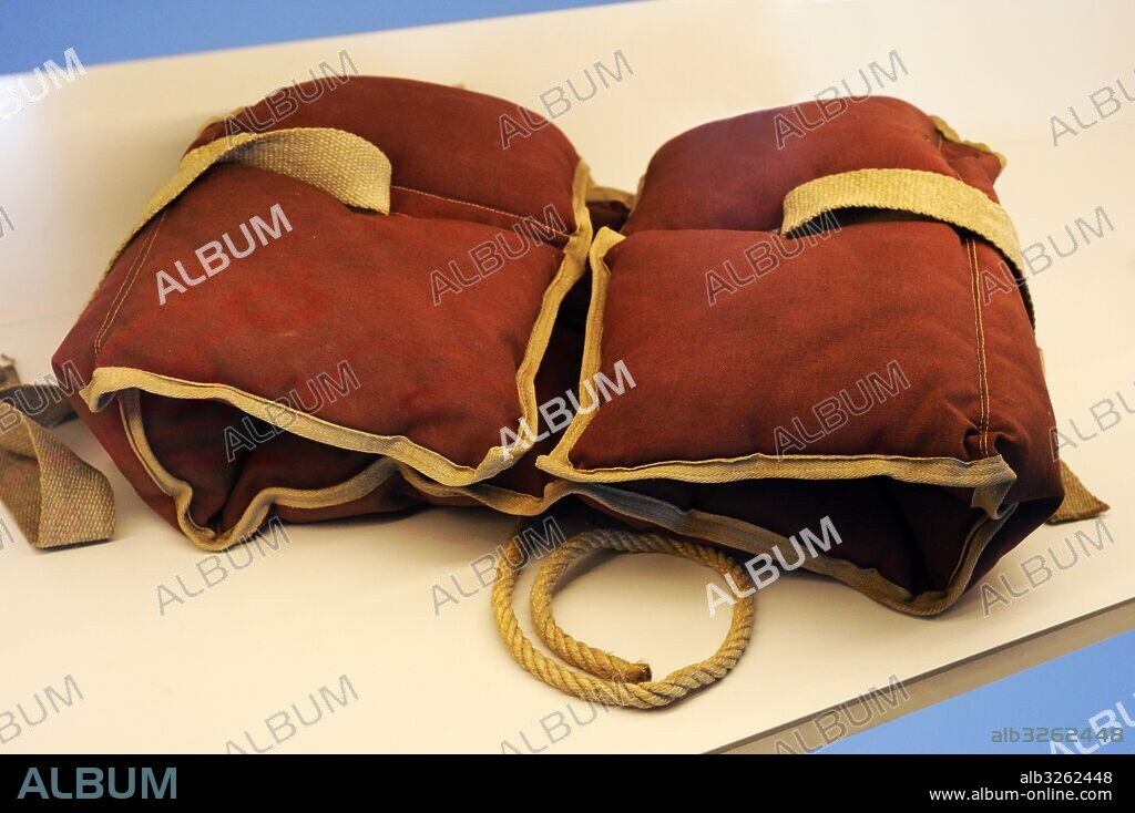 Lifejacket 1900-1920. Canvas, hemp and float of kapok (a plant fiber). Norwegian Maritime Museum. Oslo. Norway.