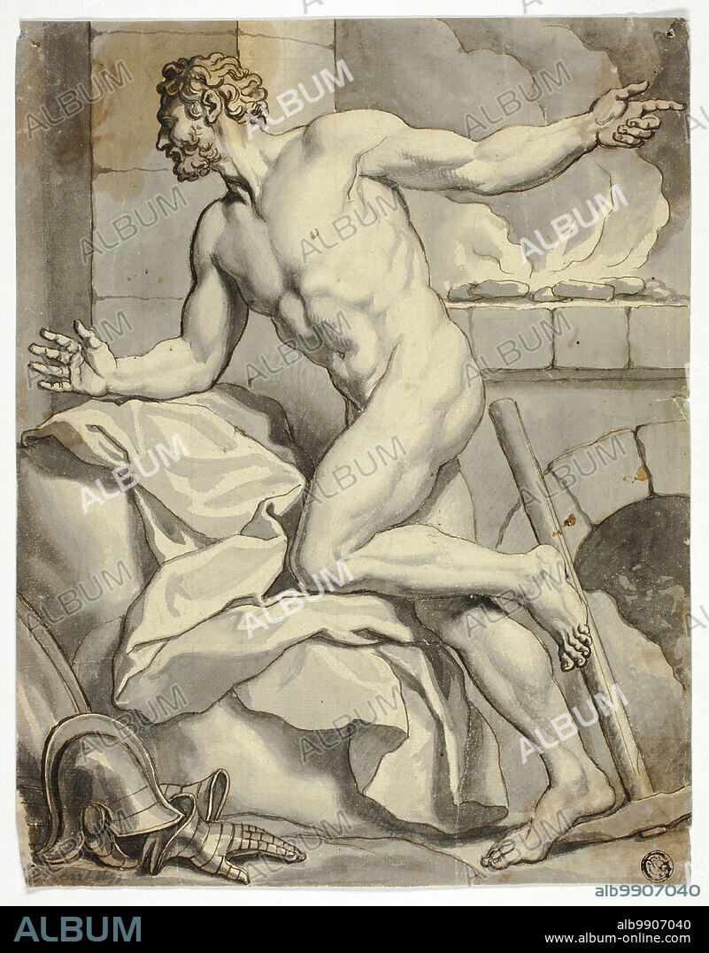LOUIS CHERON. Male Nude Kneeling beside Open Hearth, with Helmet and Metal Gloves on Floor, n.d.
