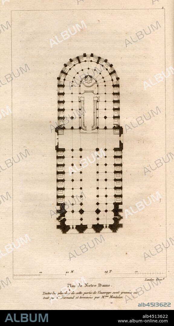 Map of Notre Dame, Floor plan of the Cathedral Notre-Dame de Paris, 1, after p. 38, p. 49, Normand, C (gravé); Montalan, M. (terminé); Landon (direxit), J. G. Legrand; C. P. Landon: Description de Paris et de ses édifices: avec un précis historique et des observations sur le caractère de leur architecture, et sur les principaux objets d'art et de curiosité qu'ils renferment. Seconde édition, corrigée avec soin dans toutes ses Parties, et considérablement augmentée. Bd. 1. Paris. Strasbourg. Treuttel et Würtz, 1818.