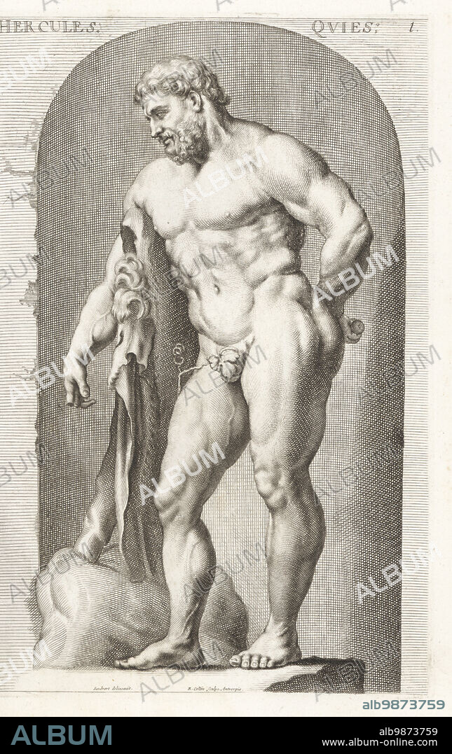 The Farnese Hercules sculpture in marble. Roman hero Hercules (Greek Heracles) leaning on his club draped with the Nemean lionskin, golden apples behind his back, fig leaf over his genitals. In the Palazzo Farnese, Rome. Copperplate engraving by Richard Collin after an illustration by Joachim von Sandrart from his LAcademia Todesca, della Architectura, Scultura & Pittura, oder Teutsche Academie, der Edlen Bau- Bild- und Mahlerey-Kunste, German Academy of Architecture, Sculpture and Painting, Jacob von Sandrart, Nuremberg, 1675.