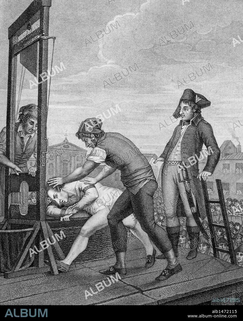 Robespierre, Maximilien de (1758-1794). French revolutionary politician. Robespierre dies on the guillotine. Engraving. National Library. Madrid. Spain.