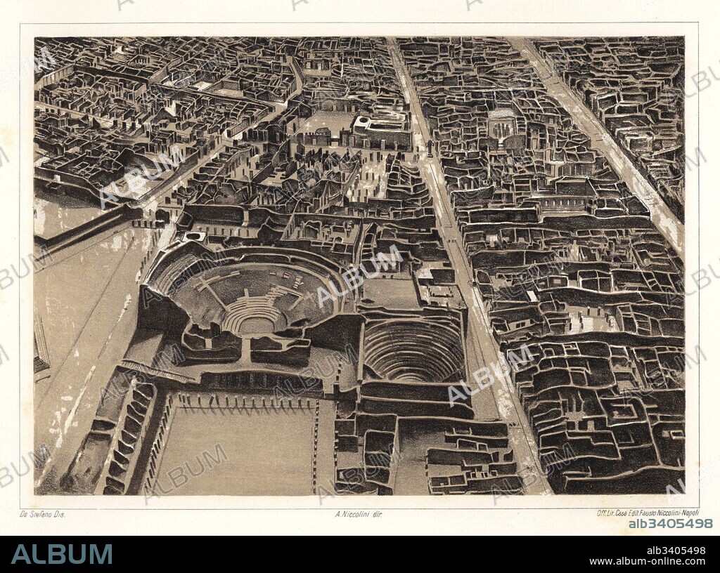 Aerial view of Pompeii showing the large theatre, small theatre, Quadriportico dei Teatri, etc. Chromolithograph after an illustration by S. De Stefano from Antonio Niccolini’s Pompeii: Views and Restorations (Pompeii: Essaies et Restaurations), published by Fausto Niccolini, Naples, 1898. Antonio was grandson of the architect Antonio Niccolini Sr.