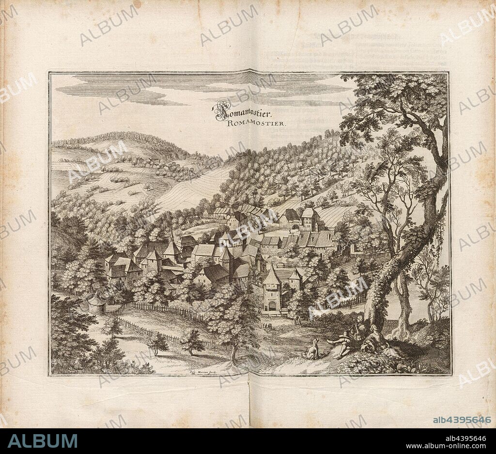 Romamostier, Romainmôtier in the canton of Vaud, signed: Casp., Merian fecit, Fig. 43, after p. 50, Merian, Caspar (fec.), Matthaeus Merian der Ältere: Topographia Helvetiae, Rhaetiae, et Valesiae: das ist, Beschreibung und eygentliche Abbildung der vornehmsten Stätte und Plätze in der hochlöblichen Eydgnossschafft, Graubündten, Wallis, und etlicher zugewandten Orthen. Franckfurt am Mayn: zum Truck verlegt von denen Merianischen Erben, im Jahr M DC LIV. [1654].