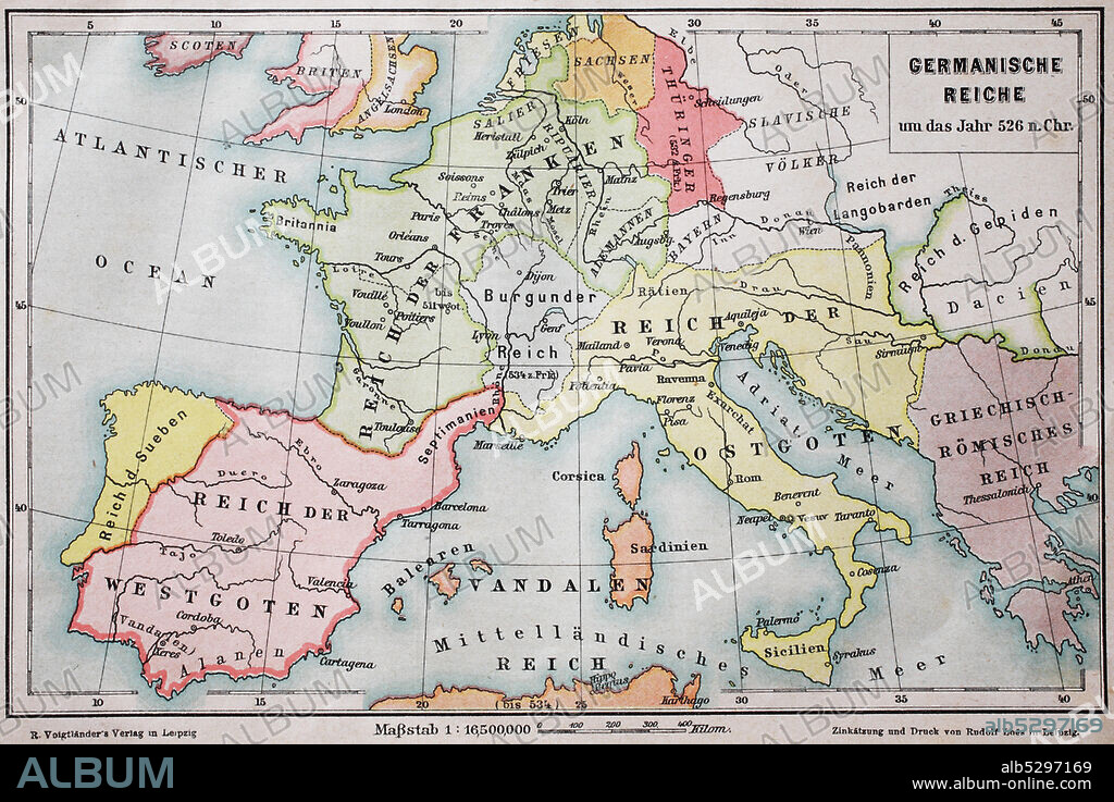 Historical map of the german empire in the year 526  /  Landkarte, das germanische Reich um das Jahr 526 n.Chr..