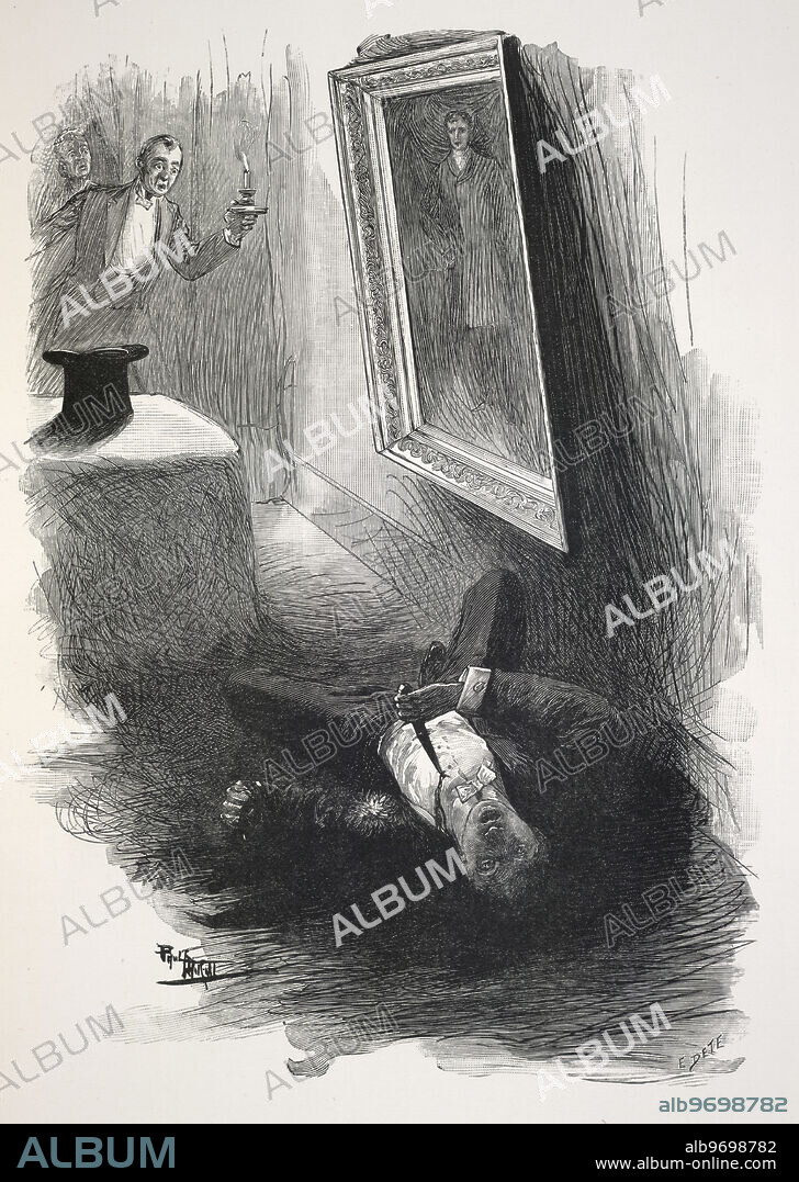 Death of Dorian Gray, 1910. Lying on the floor was a dead man, in evening dress, with a knife in his heart .... Dorian Gray, dead, in front of his painting. From The Picture of Dorian Gray (with plates engraved by Eugene Dele from drawings by Paul Thiriat) by Oscar Wilde. (Paris, 1910).