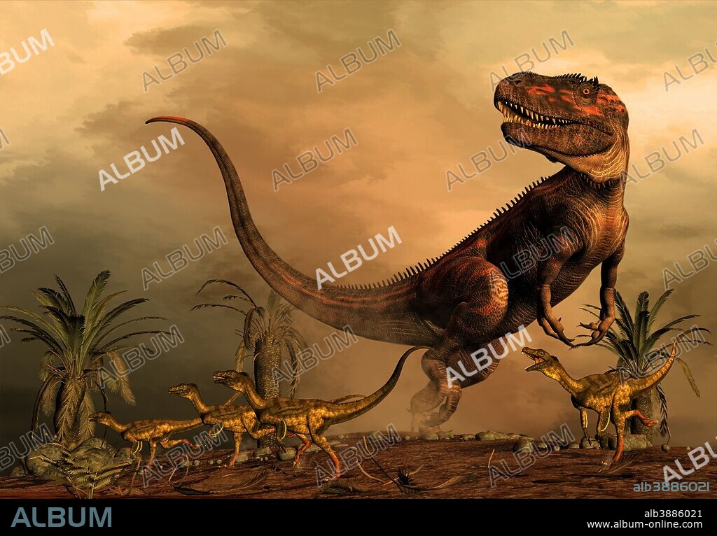 A Torvosaurus on the prowl while a group of Ornitholestes flee a hasty retreat. Torvosaurus was a large megalosaurid theropod dinosaur that lived during the later part of the Jurassic Period in what is now Colorado and Portugal.