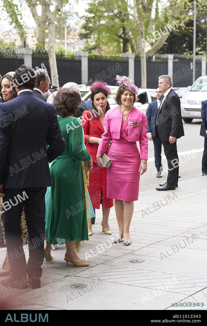 Beatriz Moreno y de Borbon leaves after the wedding of Jose Luis Martinez Almeida, major of Madrid, and Teresa Urquijo at Sagrado Corazon and San Francisco de Borja Church on April 6, 2024 in Madrid, Spain.