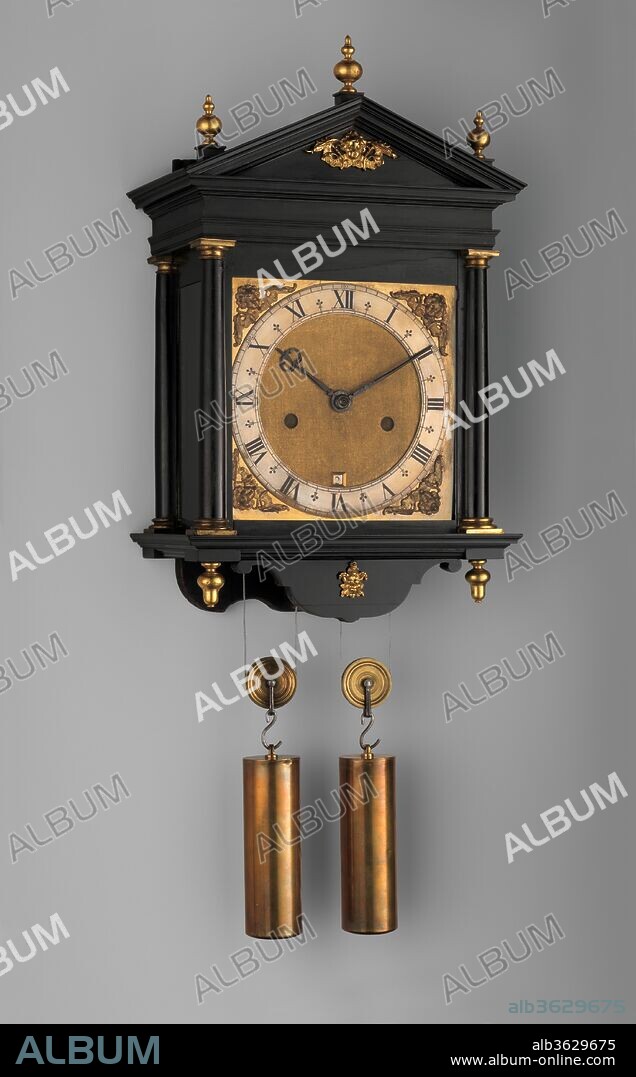 Hooded wall clock with calendar. Culture: British, London. Dimensions: Overall: 19 1/2 × 12 × 7 1/4 in. (49.5 × 30.5 × 18.4 cm);
Width (dial plate): 8 1/4 in. (21 cm). Maker: Clockmaker: Ahasuerus I Fromanteel (British, Norwich, England 1607-1693). Date: ca. 1660-65.
Ahasuerus Fromanteel introduced the pendulum clock to England shortly after its invention by Dutch mathematician Christiaan Huygens in 1656. The use of the pendulum necessitated a new case form for the clock movement: early English pendulum clocks were housed in severely architectural wooden cases. The design of this clock, whose applied Doric columns supporting the architrave and pediment are of unusually pleasing proportions, may have been influenced by the work of the English architect Christopher Wren.