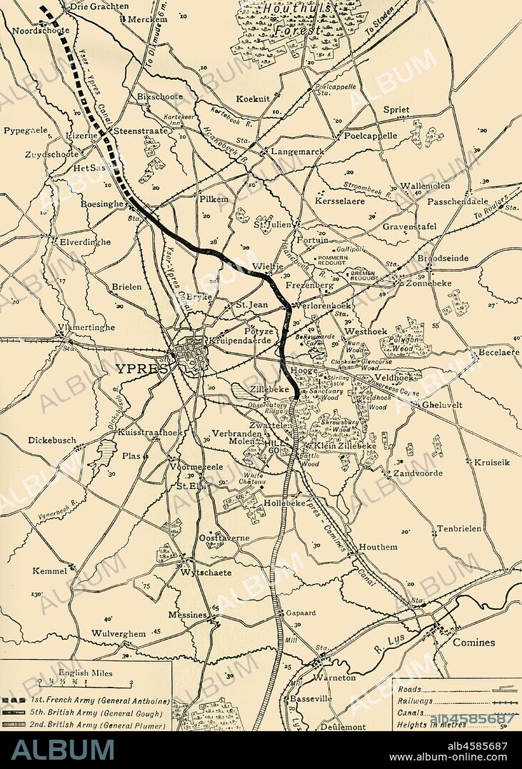 Map of Ypres, West Flanders, Belgium, First World War, (c1920). 'The Ypres Salient before the Battle of July 31, 1917: map showing the approximate positions of the Franco-British Line'. The Third Battle of Ypres, also known as the Battle of Passchendaele, took place on the Western Front from July to November 1917. It was fought between the British, Belgian and French armies against the Germans, and resulted in the deaths of hundreds of thousands of men. From "The Great World War: A History", Volume VII, edited by Frank A Mumby. [The Gresham Publishing Company Ltd, London, c1920].