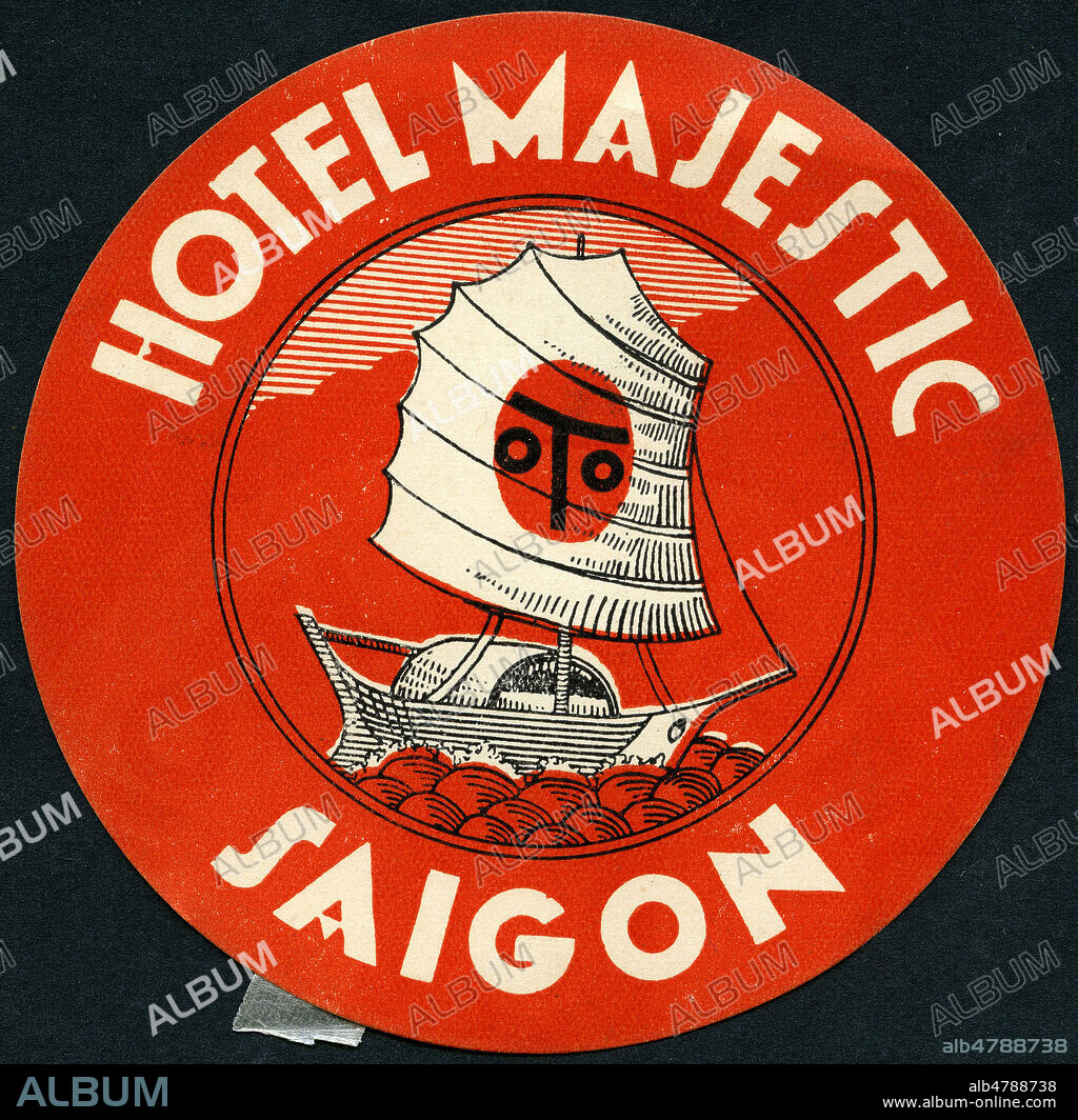 'Hotel Majestic, Saigon'. Illustration anonyme pour une etiquette de bagages vers 1930. Credit : Collection IM/KHARBINE-TAPABOR.