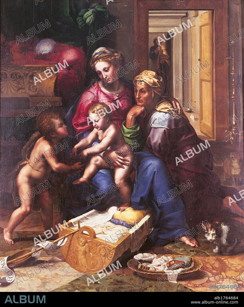 Madonna of the Cat, by Giulio Pippi known as Giulio Romano, 1523 about, 16th Century, oil on panel, cm 172 x 144. Italy, Campania, Naples, Capodimonte National Museum and Galleries. All. Virgin and Child, the Infant St John and St Anne in a particularly realistic interior. In the foreground, a wooden cradle and a basket containing sewing tools and a book. To the right, a she cat. Authorization required for non editorial use.