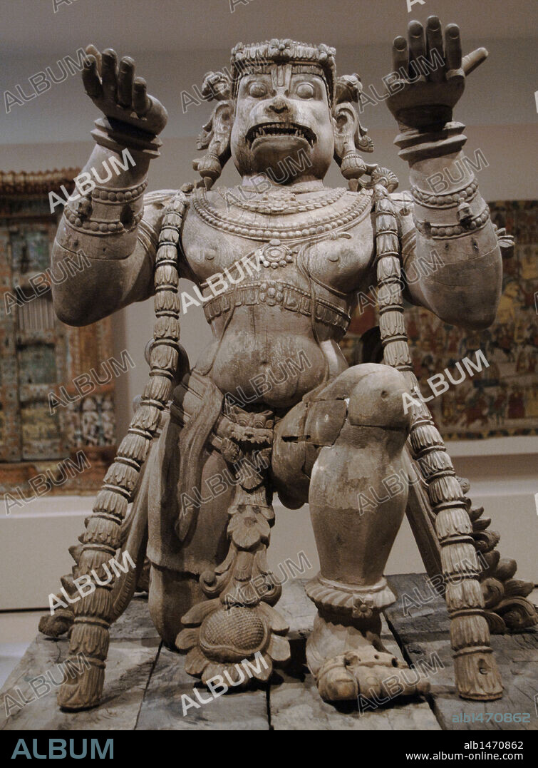 Hánuman. Dios mono. Deidad hinduista. Escultura, década de 1800. Procede del sur de la India. Madera con pigmento. Dimensiones; alto: 107,3 cm, ancho: 90,1 cm, profundo: 97,7 cm. Museo de Arte de Denver. Estado de Colorado. Estados Unidos.